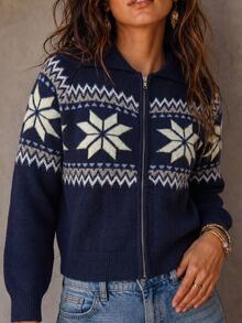 SHEIN LUNE CURVE Fair Isle Snowflake Jacquard Collar Zip-Up Knit Cardigan Women Loose Lantern Sleeve Short Vintage Sweater Winter - Blue - View 7