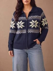 SHEIN LUNE CURVE Fair Isle Snowflake Jacquard Collar Zip-Up Knit Cardigan Women Loose Lantern Sleeve Short Vintage Sweater Winter - Blue - View 4