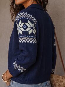 SHEIN LUNE CURVE Fair Isle Snowflake Jacquard Collar Zip-Up Knit Cardigan Women Loose Lantern Sleeve Short Vintage Sweater Winter - Blue - View 6
