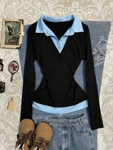 Franclia Plus Size Streetwear Button Half-Placket 2 In 1 T-Shirt - Blue - View 1