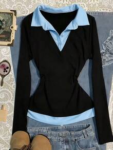 Franclia Plus Size Streetwear Button Half-Placket 2 In 1 T-Shirt - Blue - View 4