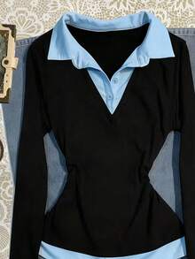 Franclia Plus Size Streetwear Button Half-Placket 2 In 1 T-Shirt - Blue - View 3