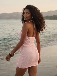 CAJUNI Elegant Summer Vacation Beach Halter Neck Cover-Up Dress, Made Of Unique Fabric And Decorated With 3D Floral Applique - Baby Pink - View 4