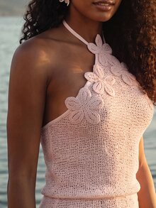 CAJUNI Elegant Summer Vacation Beach Halter Neck Cover-Up Dress, Made Of Unique Fabric And Decorated With 3D Floral Applique - Baby Pink - View 1