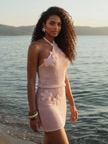 CAJUNI Elegant Summer Vacation Beach Halter Neck Cover-Up Dress, Made Of Unique Fabric And Decorated With 3D Floral Applique - Baby Pink - View 8
