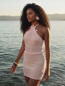CAJUNI Elegant Summer Vacation Beach Halter Neck Cover-Up Dress, Made Of Unique Fabric And Decorated With 3D Floral Applique - Baby Pink - View 7