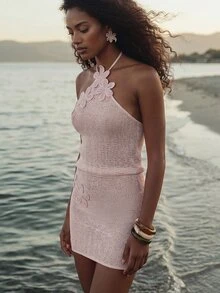 CAJUNI Elegant Summer Vacation Beach Halter Neck Cover-Up Dress, Made Of Unique Fabric And Decorated With 3D Floral Applique - Baby Pink - View 6