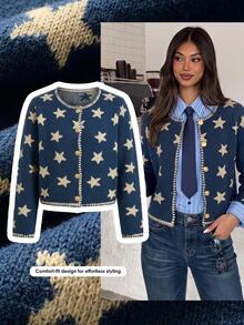 Comfortcana Jacquard Fashion Metal Button Long Sleeve Knit Cardigan, Fall Winter 2026, Country Style For Women, Basic Sweater, Halloween, Festival Outfits - Navy Blue - View 6
