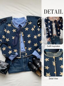 Comfortcana Jacquard Fashion Metal Button Long Sleeve Knit Cardigan, Fall Winter 2026, Country Style For Women, Basic Sweater, Halloween, Festival Outfits - Navy Blue - View 2