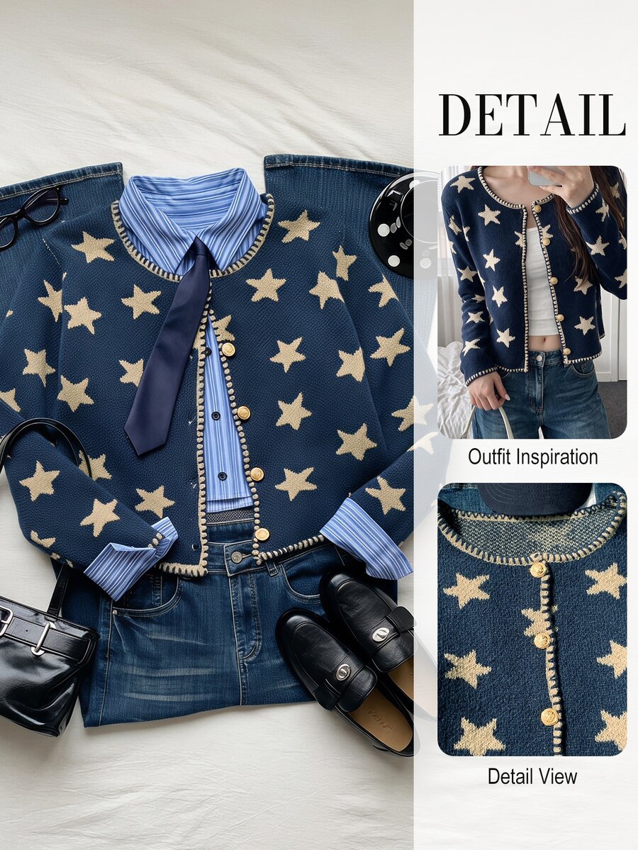 Comfortcana Jacquard Fashion Metal Button Long Sleeve Knit Cardigan, Fall Winter 2026, Country Style For Women, Basic Sweater, Halloween, Festival Outfits