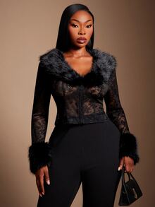SHEIN SXY Black Sheer Lace Patchwork Fur Short Long Sleeve Jacket - Black - View 5