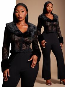 SHEIN SXY Black Sheer Lace Patchwork Fur Short Long Sleeve Jacket - Black - View 1