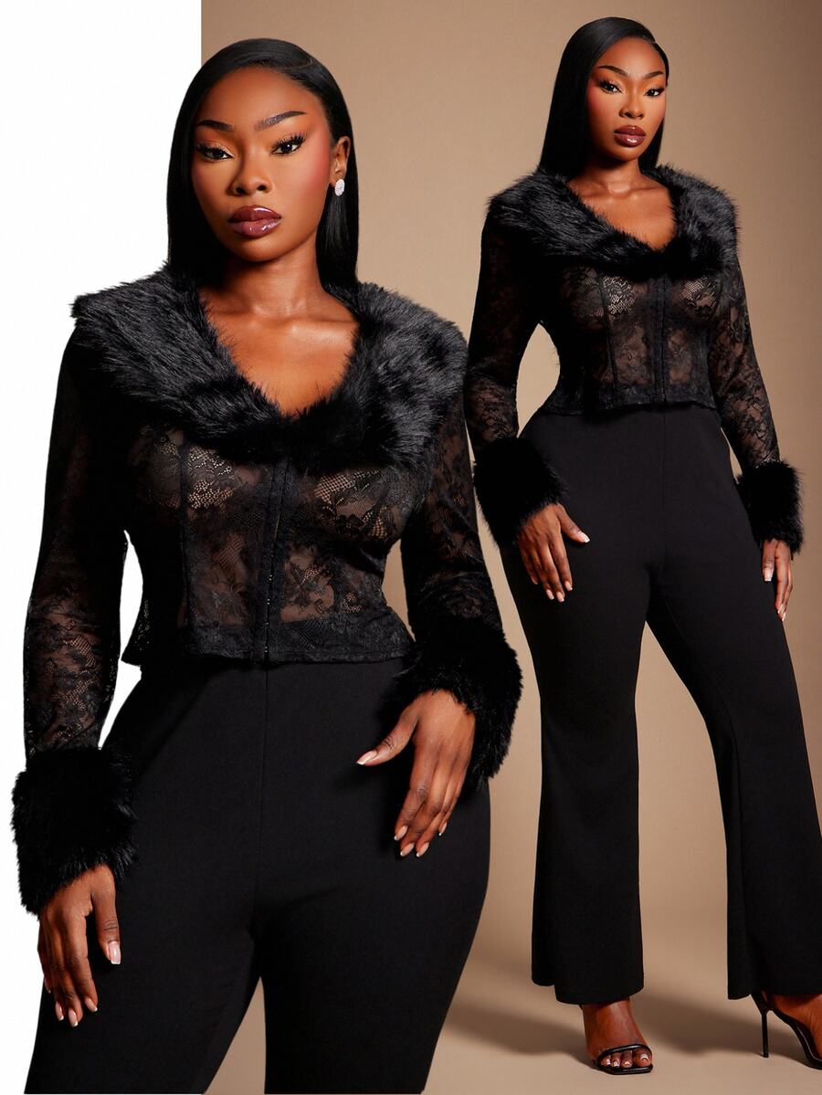 SHEIN SXY Black Sheer Lace Patchwork Fur Short Long Sleeve Jacket - Black - View 1