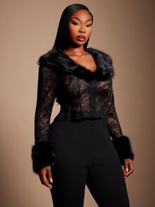SHEIN SXY Black Sheer Lace Patchwork Fur Short Long Sleeve Jacket - Black - View 4