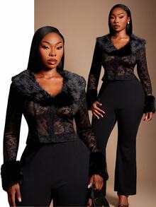 SHEIN SXY Black Sheer Lace Patchwork Fur Short Long Sleeve Jacket - Black - View 2