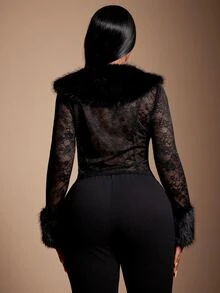 SHEIN SXY Black Sheer Lace Patchwork Fur Short Long Sleeve Jacket - Black - View 7
