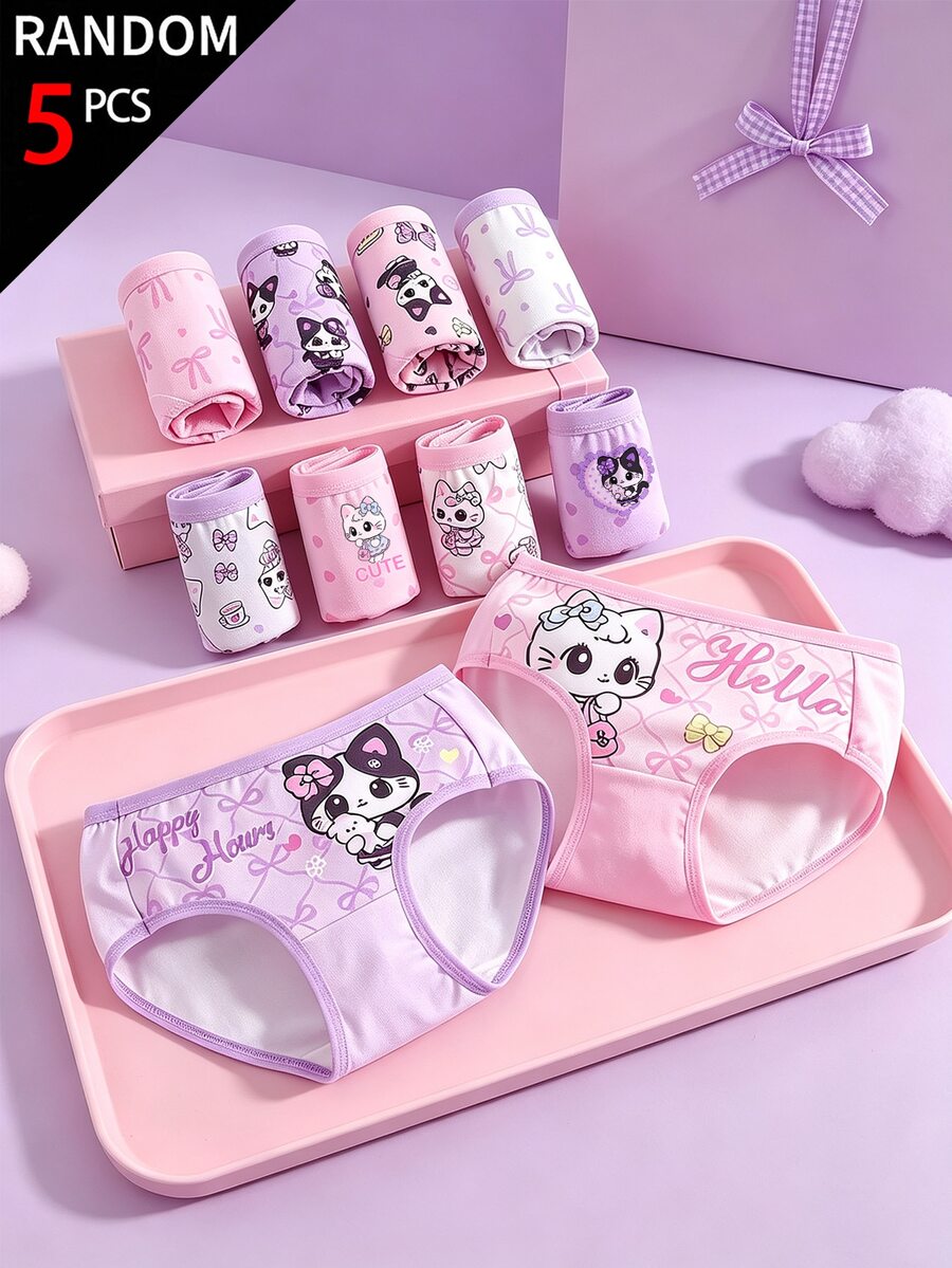 SHEIN 5件組隨機盲盒女童幼兒內褲,蝴蝶結與貓咪印花組合系列,可愛小貓印花,多色混搭,柔軟光滑觸感,針織布料製成,高彈性內褲套裝,適合日常基本需求、運動穿著,親膚舒適,四季輕便衣物 - 彩色 - 查看 1