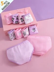 SHEIN 5件組隨機盲盒女童幼兒內褲，蝴蝶結與貓咪印花組合系列，可愛小貓印花，多色混搭，柔軟光滑觸感，針織布料製成，高彈性內褲套裝，適合日常基本需求、運動穿著，親膚舒適，四季輕便衣物 - 彩色 - 查看 2