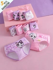 SHEIN 5件組隨機盲盒女童幼兒內褲，蝴蝶結與貓咪印花組合系列，可愛小貓印花，多色混搭，柔軟光滑觸感，針織布料製成，高彈性內褲套裝，適合日常基本需求、運動穿著，親膚舒適，四季輕便衣物 - 彩色 - 查看 7