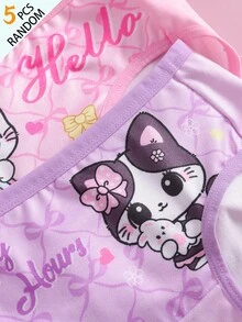 SHEIN 5件組隨機盲盒女童幼兒內褲，蝴蝶結與貓咪印花組合系列，可愛小貓印花，多色混搭，柔軟光滑觸感，針織布料製成，高彈性內褲套裝，適合日常基本需求、運動穿著，親膚舒適，四季輕便衣物 - 彩色 - 查看 6