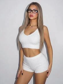 SHEIN ICON 2pcs/Set Women White Knit Sweater Solid Color Cropped Knit Camisole And Shorts Set - White - View 1