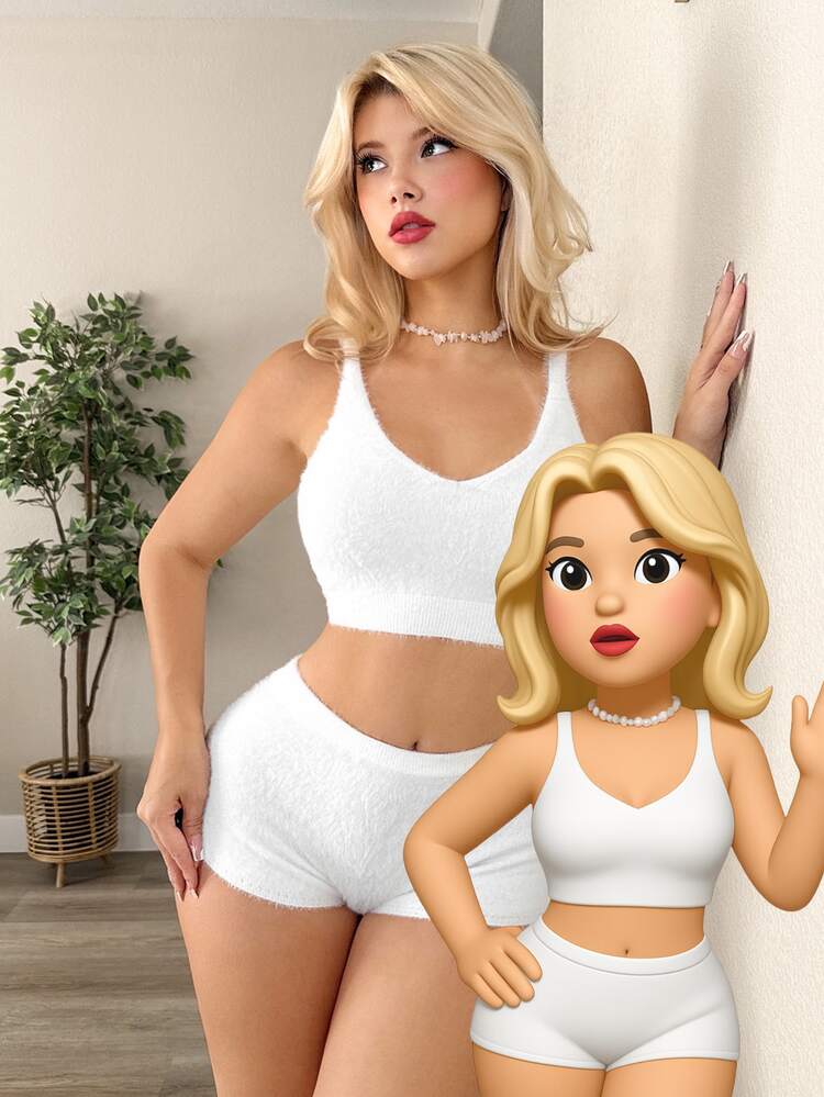 Sweetina 2pcs/Set Women White Knit Sweater Solid Color Cropped Knit Camisole And Shorts Set - White - View 3