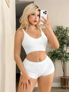 SHEIN ICON 2pcs/Set Women White Knit Sweater Solid Color Cropped Knit Camisole And Shorts Set - White - View 6