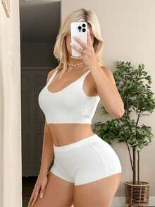 SHEIN ICON 2pcs/Set Women White Knit Sweater Solid Color Cropped Knit Camisole And Shorts Set - White - View 7