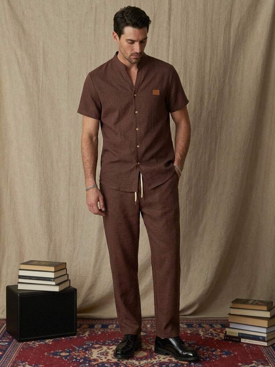 HIMLAND Men's Casual Single-Breasted Shirt And Drawstring Pants Set - Brown - View 1