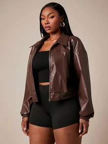 SHEIN SXY Jaket Longgar Wanita Ukuran Besar Warna Cokelat Bahan PU dengan Resleting Depan untuk Musim Dingin - Coklat - View 9