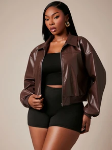 SHEIN SXY Jaket Longgar Wanita Ukuran Besar Warna Cokelat Bahan PU dengan Resleting Depan untuk Musim Dingin - Coklat - View 8
