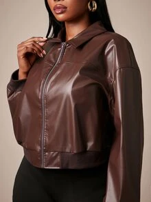 SHEIN SXY Jaket Longgar Wanita Ukuran Besar Warna Cokelat Bahan PU dengan Resleting Depan untuk Musim Dingin - Coklat - View 4