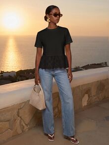 CAJUNI Women's Round Neck Short Sleeve Hollow Embroidery T-Shirt - Black - View 5