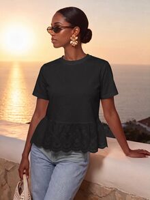 CAJUNI Women's Round Neck Short Sleeve Hollow Embroidery T-Shirt - Black - View 4