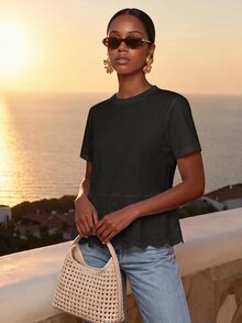 CAJUNI Women's Round Neck Short Sleeve Hollow Embroidery T-Shirt - Black - View 7