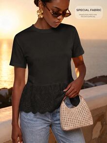 CAJUNI Women's Round Neck Short Sleeve Hollow Embroidery T-Shirt - Black - View 1
