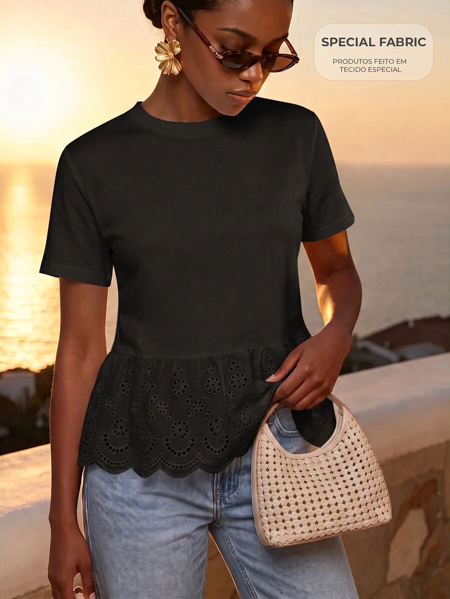 CAJUNI Women's Round Neck Short Sleeve Hollow Embroidery T-Shirt - Black - View 1