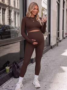 SHEIN Maternity Simple Long Sleeve Top And Solid Color Leggings Sports Set - Brown - View 2