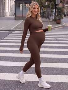 SHEIN Maternity Simple Long Sleeve Top And Solid Color Leggings Sports Set - Brown - View 4