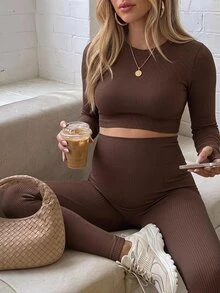 SHEIN Maternity Simple Long Sleeve Top And Solid Color Leggings Sports Set - Brown - View 1