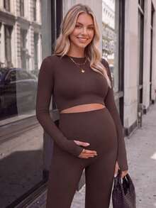 SHEIN Maternity Simple Long Sleeve Top And Solid Color Leggings Sports Set - Brown - View 3