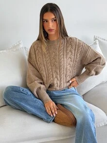 Aloruh Sweater Rajut Kabel Leher Bulat Warna Khaki Model Baru untuk Wanita Musim Gugur/Dingin - Khaki - View 2