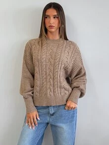 Aloruh Sweater Rajut Kabel Leher Bulat Warna Khaki Model Baru untuk Wanita Musim Gugur/Dingin - Khaki - View 8