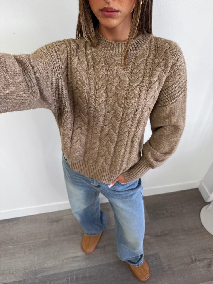 Aloruh 女款秋冬新款圓領麻花編織卡其色長袖毛衣 - 卡其色 - 查看 4
