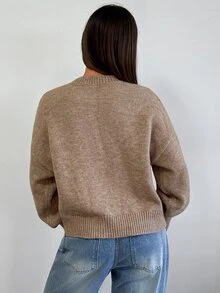 Aloruh Sweater Rajut Kabel Leher Bulat Warna Khaki Model Baru untuk Wanita Musim Gugur/Dingin - Khaki - View 3
