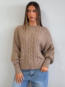 Aloruh Sweater Rajut Kabel Leher Bulat Warna Khaki Model Baru untuk Wanita Musim Gugur/Dingin - Khaki - View 4