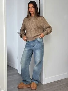Aloruh Sweater Rajut Kabel Leher Bulat Warna Khaki Model Baru untuk Wanita Musim Gugur/Dingin - Khaki - View 7