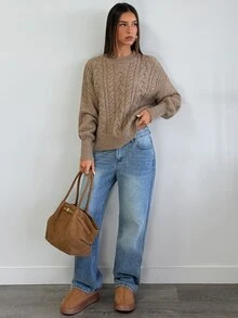Aloruh Sweater Rajut Kabel Leher Bulat Warna Khaki Model Baru untuk Wanita Musim Gugur/Dingin - Khaki - View 6