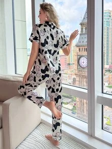 Cow Print Contrast Piping PJ Set / Pajama Set - Multicolor - View 2