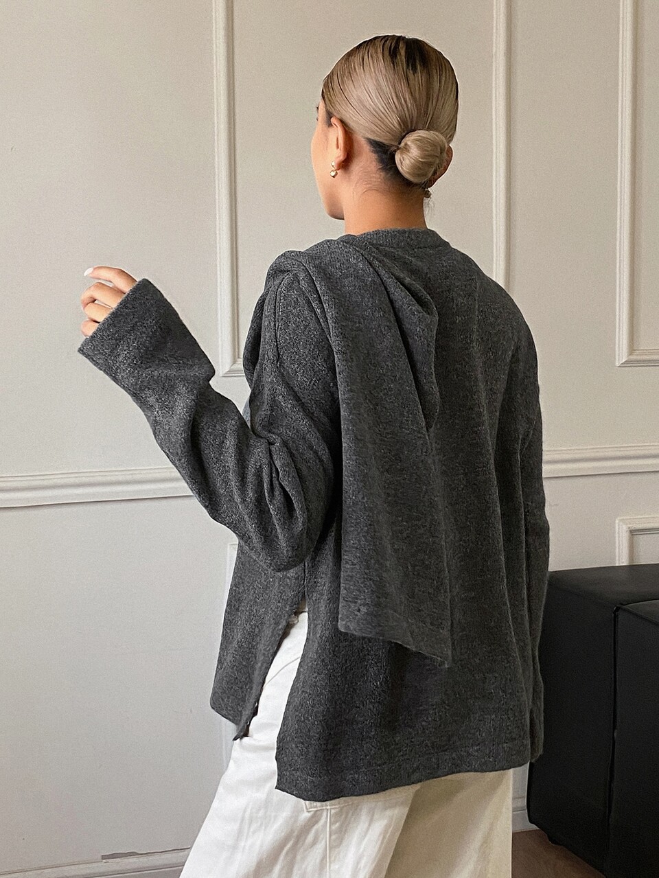 Women's Casual Minimalist Wrap Shawl Cardigan, Autumn Winter/ Office Brunch Charcoal Gray